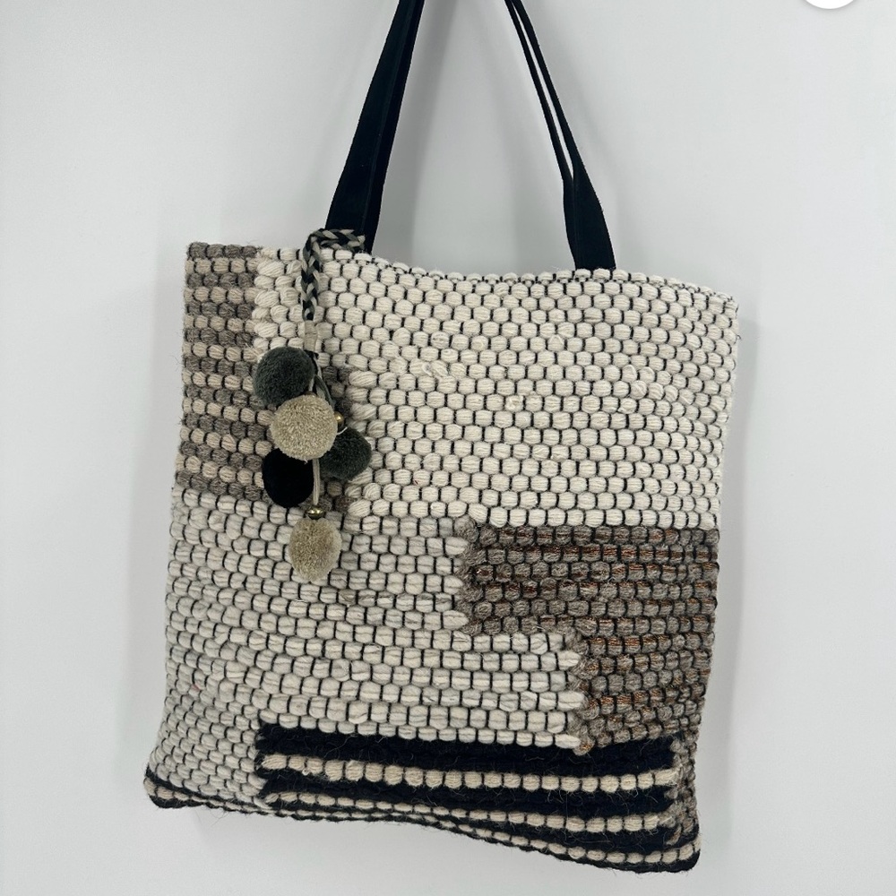 Stylish Woven Tote Bag - Black, White, and Brown